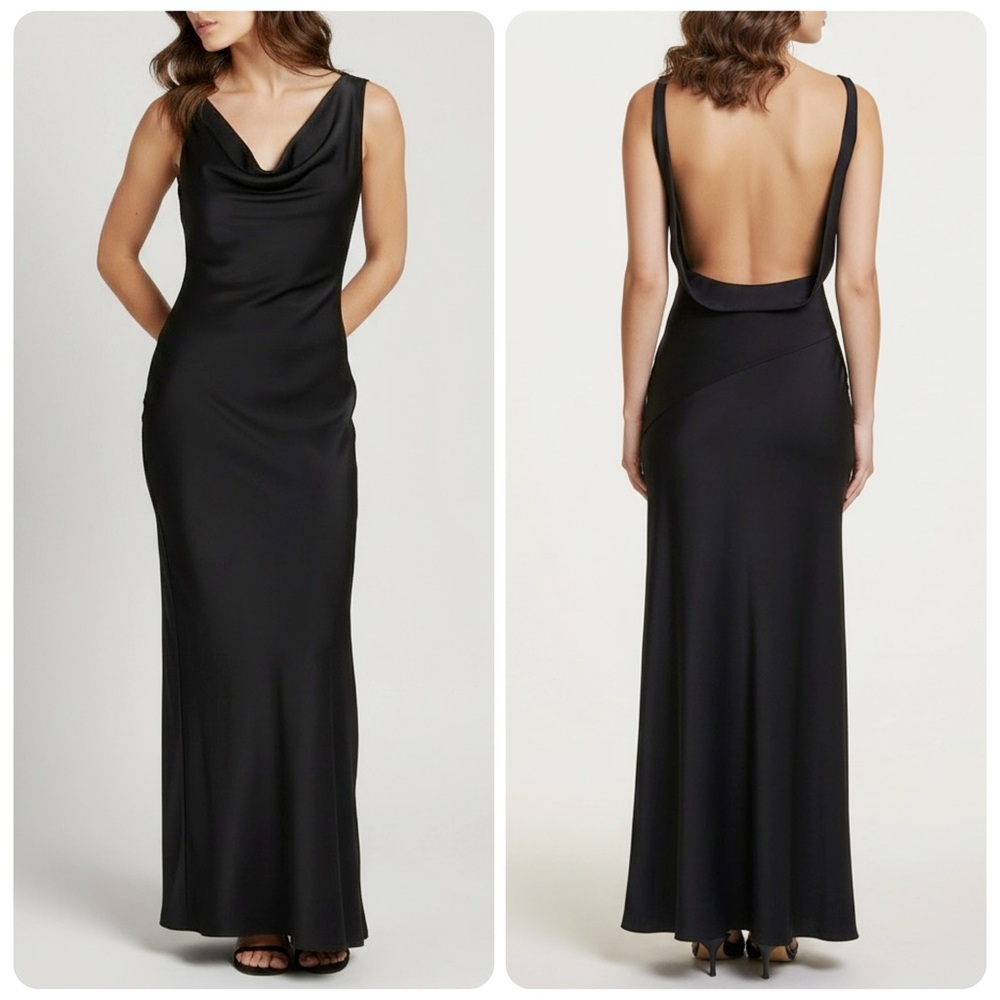 LEAU Dove Drape Open Back Satin Gown, Black, Small